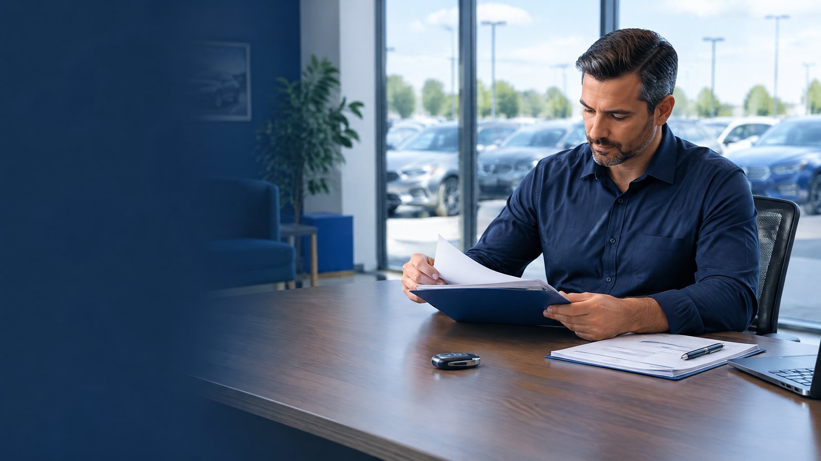 Illustrative scene of a dealership manager reviewing vehicle-sale paperwork with car keys on the desk before release