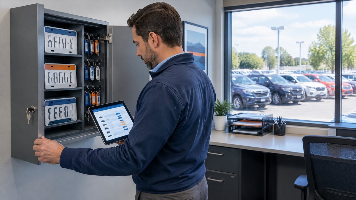 Dealership manager auditing dealer plates in locked storage with a digital tracking log