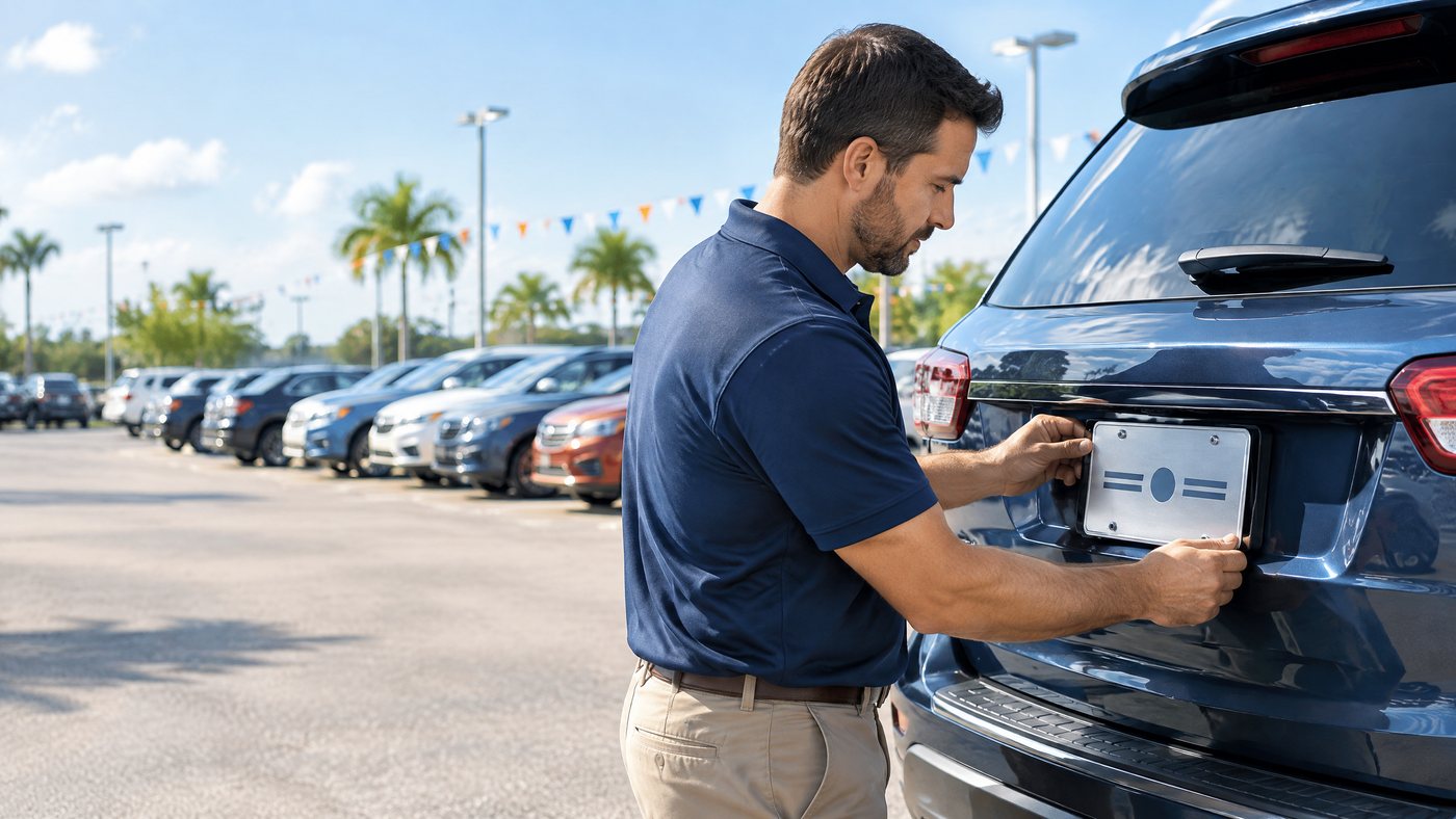 Auto dealership employee attaching a dealer plate to an SUV on the sales lot