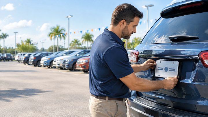 Auto dealership employee attaching a dealer plate to an SUV on the sales lot