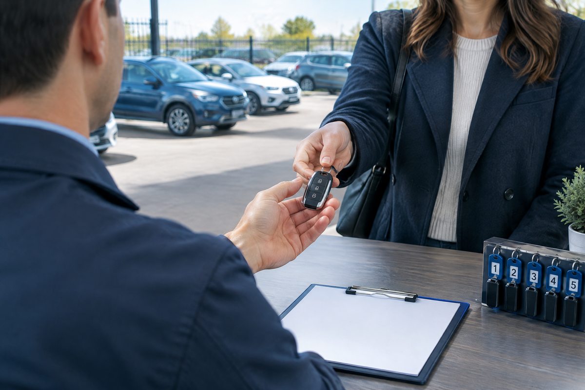 Dealership staff taking back a vehicle key after an unaccompanied customer test drive
