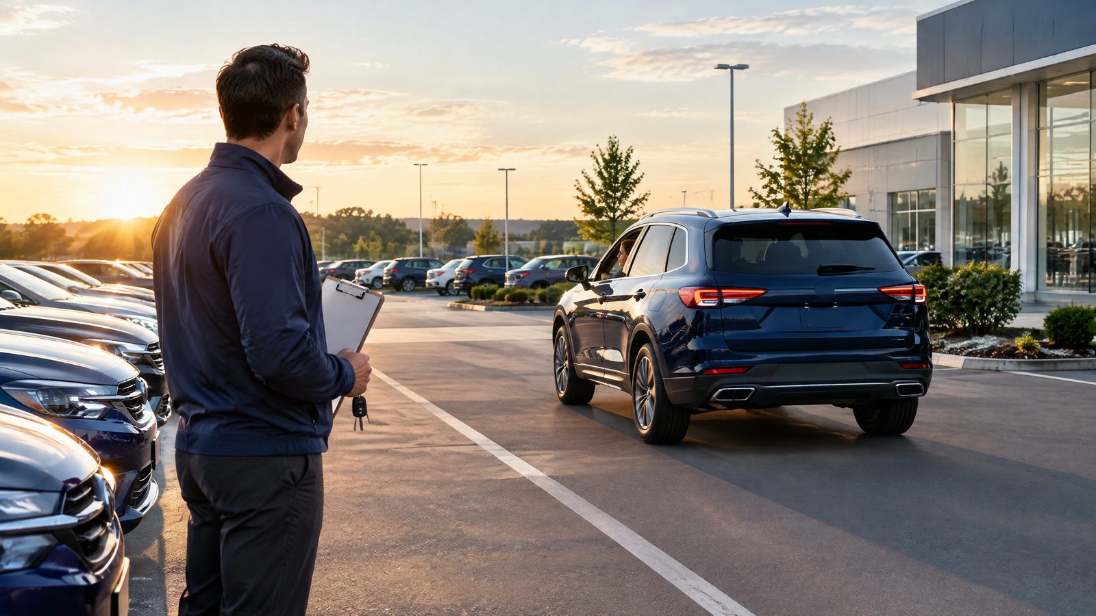 A prospective customer driving alone out of an auto dealership while an employee records the solo demonstration